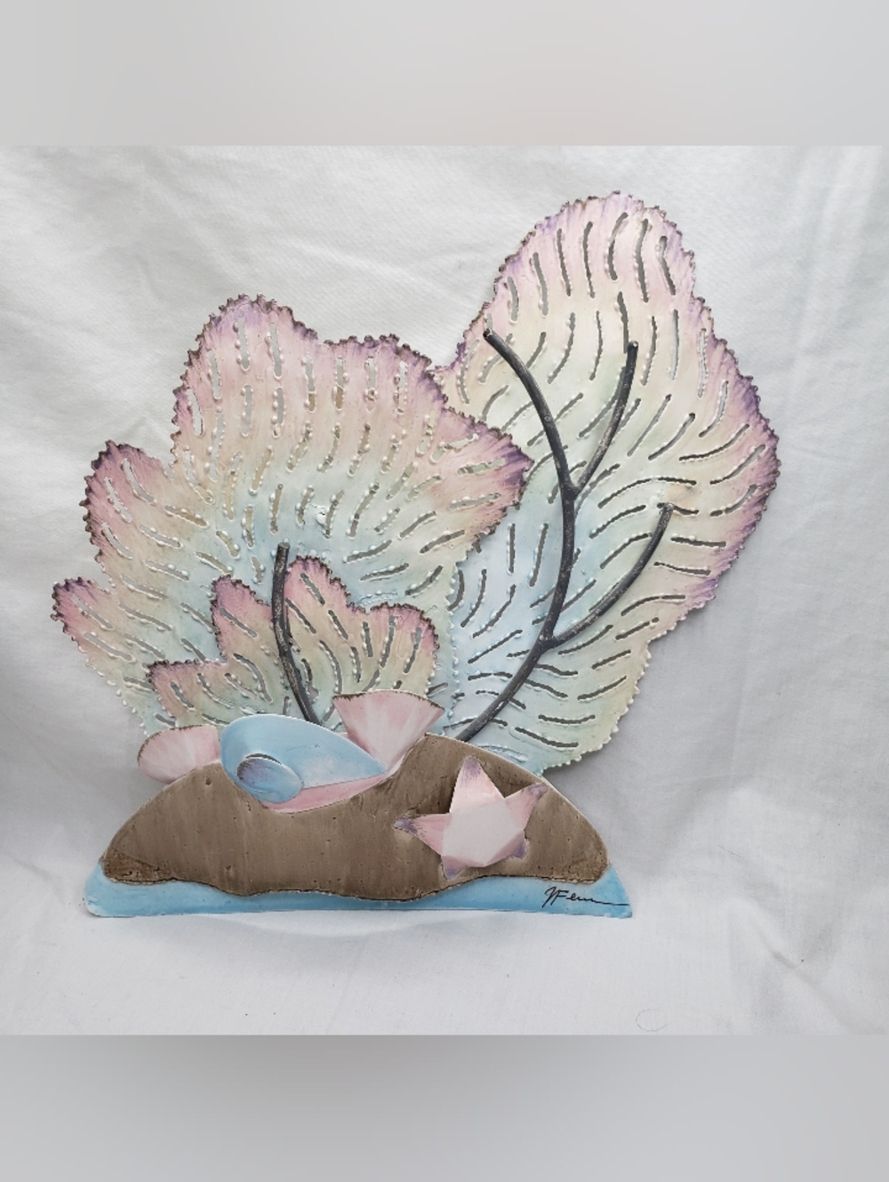 Artist Made 3D Metal Sea Fan Coral Reef Wall Sculpture 12 x 11 Inches